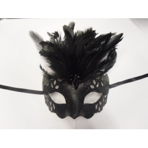 Tie on Mask, Black with feathers