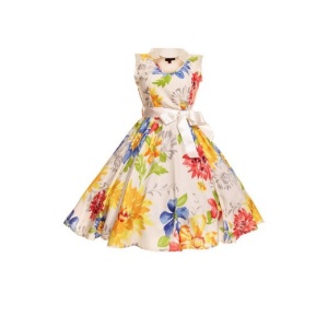 Cream flower print 50s styles swing dress with collar