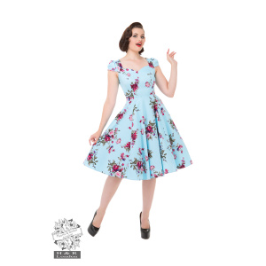 Hearts and Roses Blue Floral 50s Swing Dress